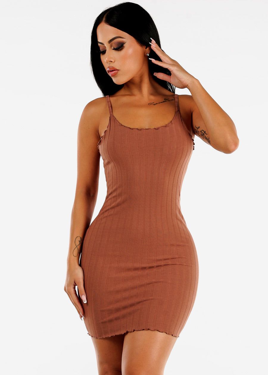 Sleeveless Ribbed Bodycon Mini Dress Brown sold by Moda