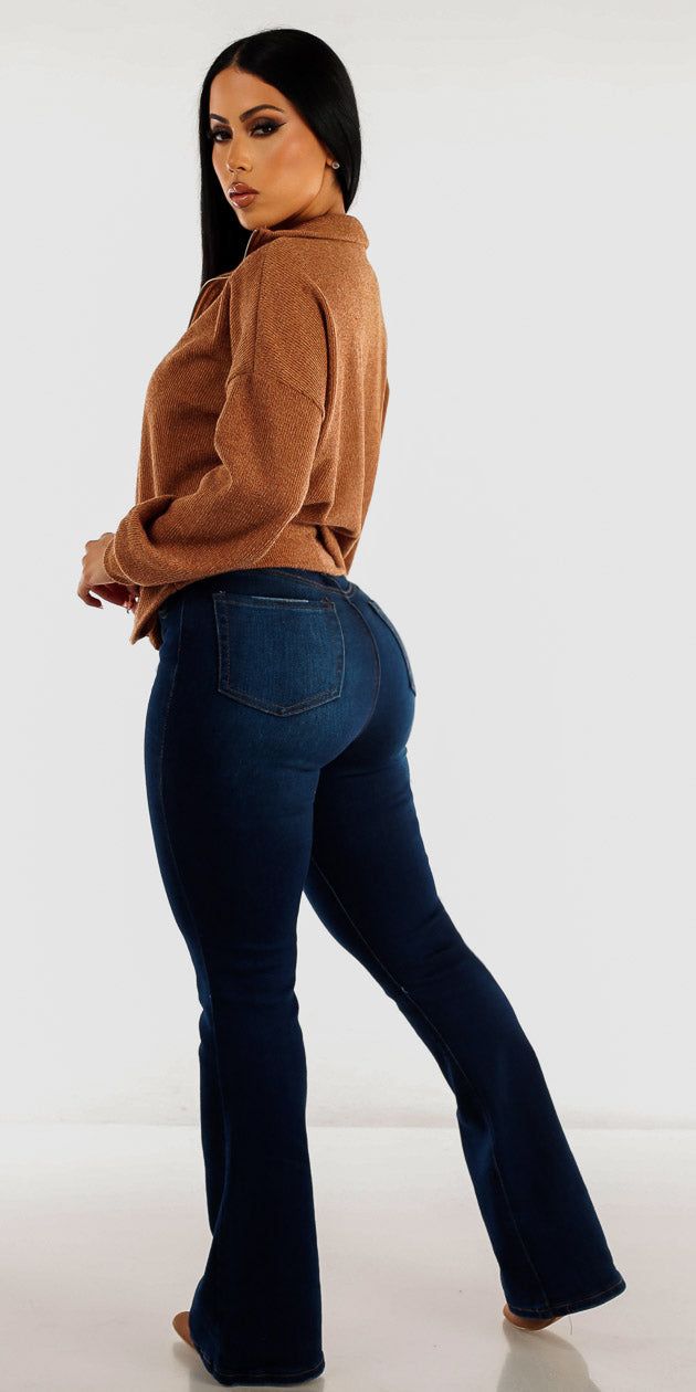 Dark Wash High Waisted Flared Bootcut Jeans with Light Brown Mock Neck Half Zip Up Pullover Sweater sold by Moda product image thumbnail 2