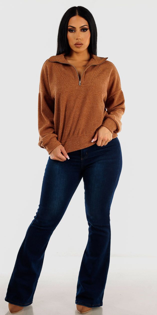 Dark Wash High Waisted Flared Bootcut Jeans with Light Brown Mock Neck Half Zip Up Pullover Sweater sold by Moda