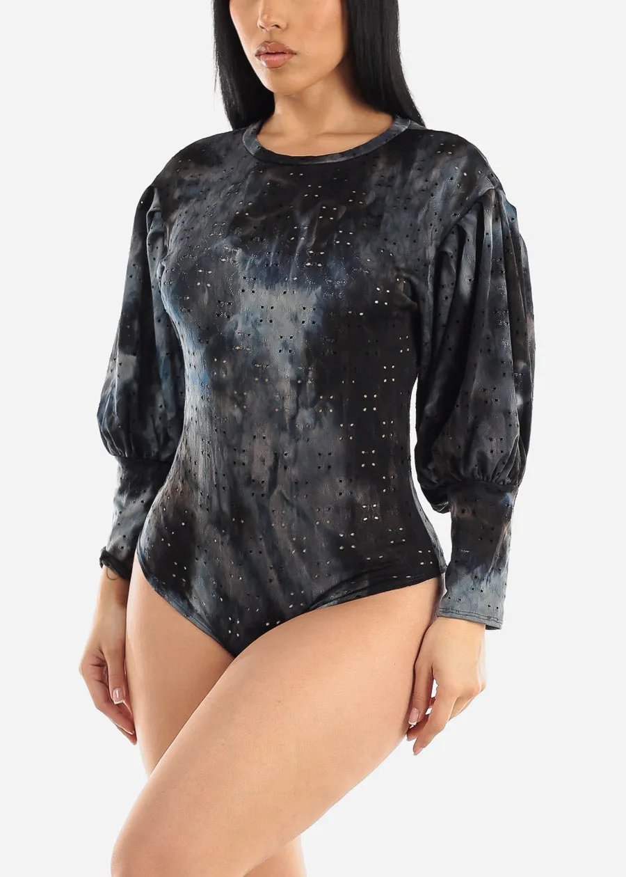 Long Sleeve Tie Dye Thong Bodysuit Black sold by Moda
