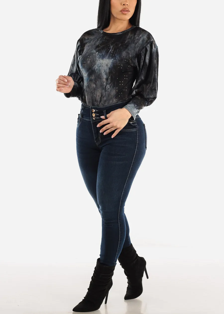 Long Sleeve Tie Dye Thong Bodysuit Black sold by Moda product image thumbnail 2