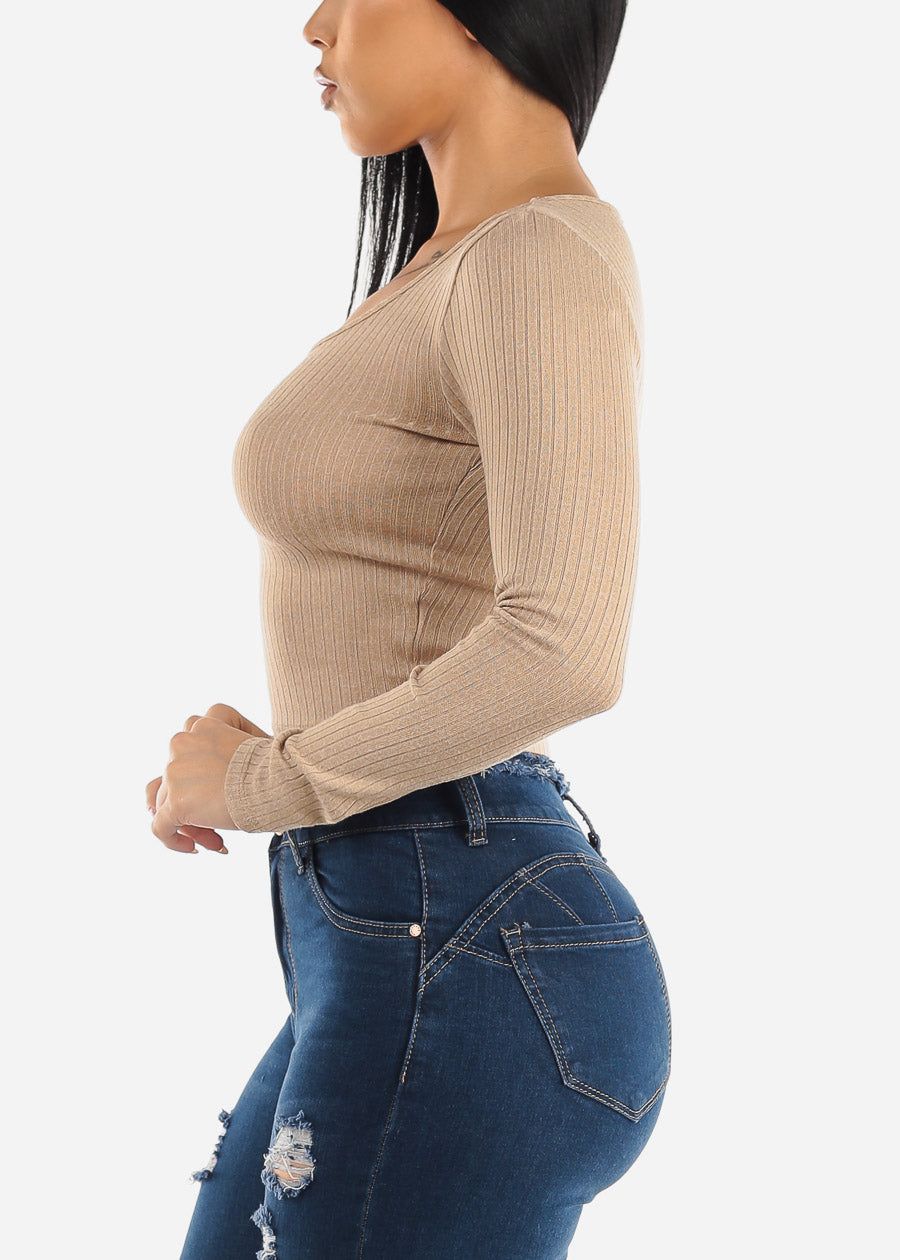 Ribbed Knit Long Sleeve Top Beige sold by Moda product image thumbnail 3