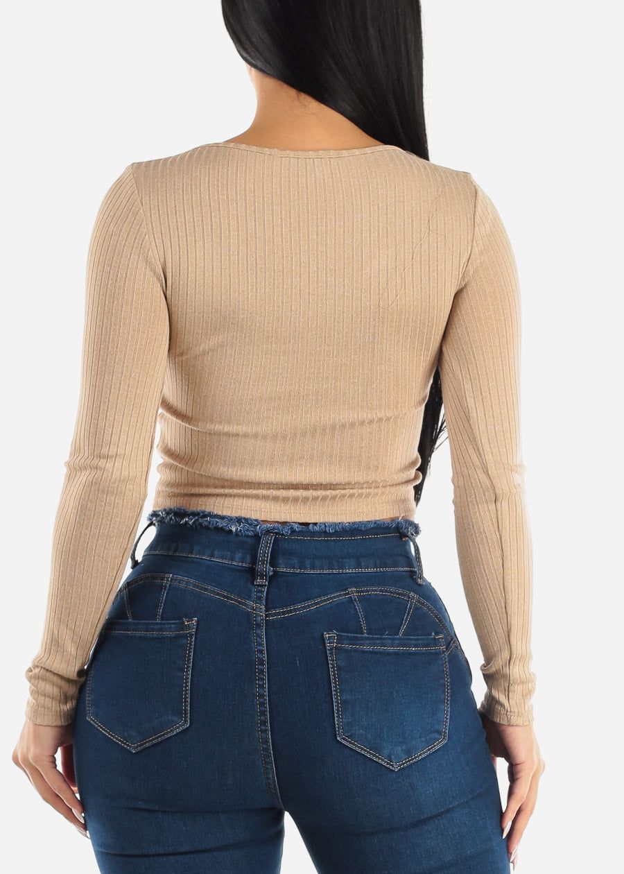Ribbed Knit Long Sleeve Top Beige sold by Moda product image thumbnail 4