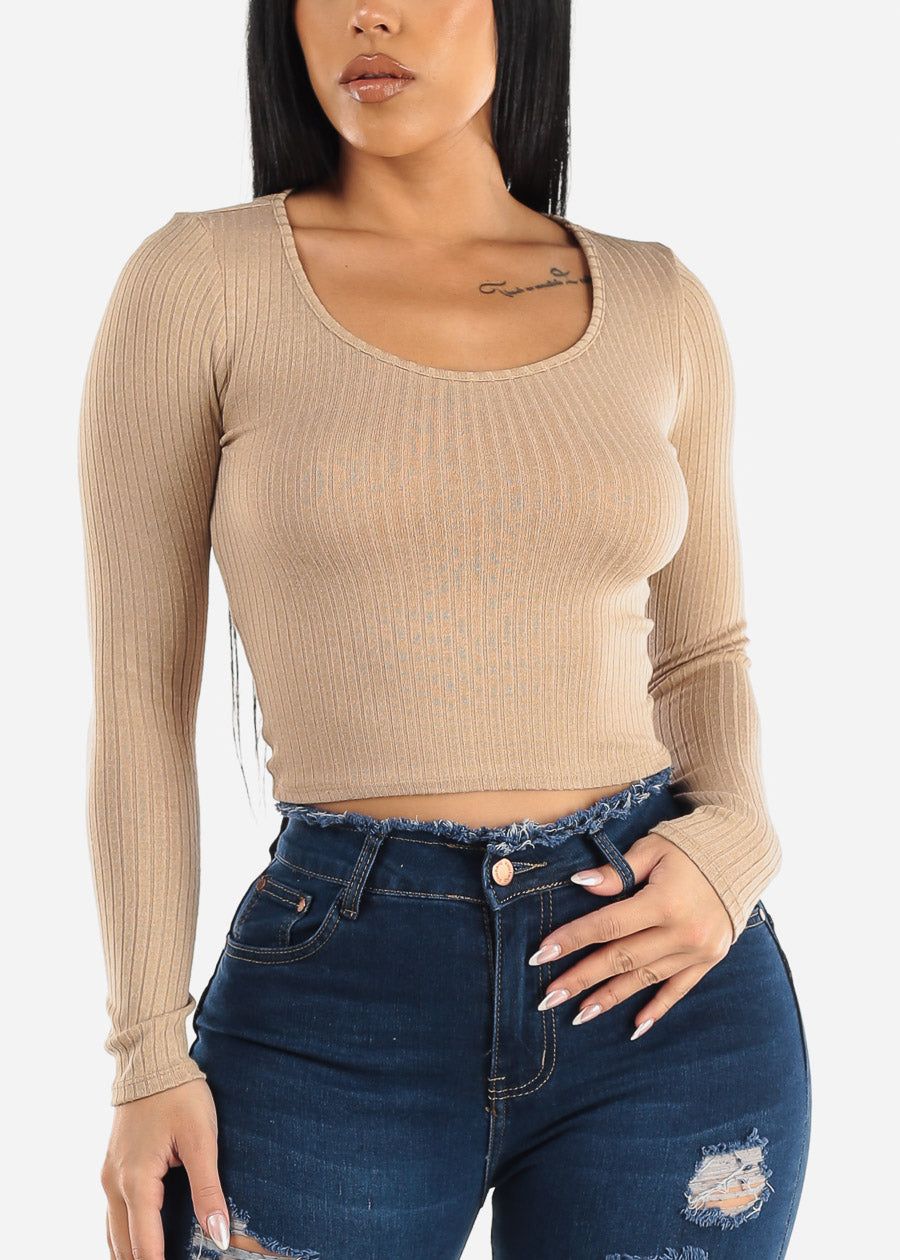 Ribbed Knit Long Sleeve Top Beige sold by Moda
