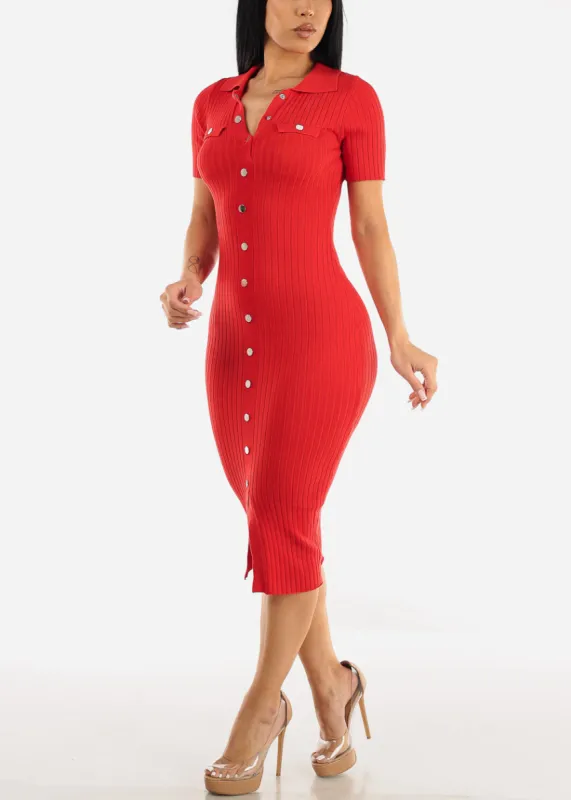 Short Sleeve Ribbed Bodycon Midi Dress Red sold by Moda