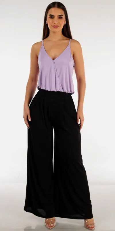 Black Flared Palazzo Pants with Sleeveless Surplice Lilac Top sold by Moda