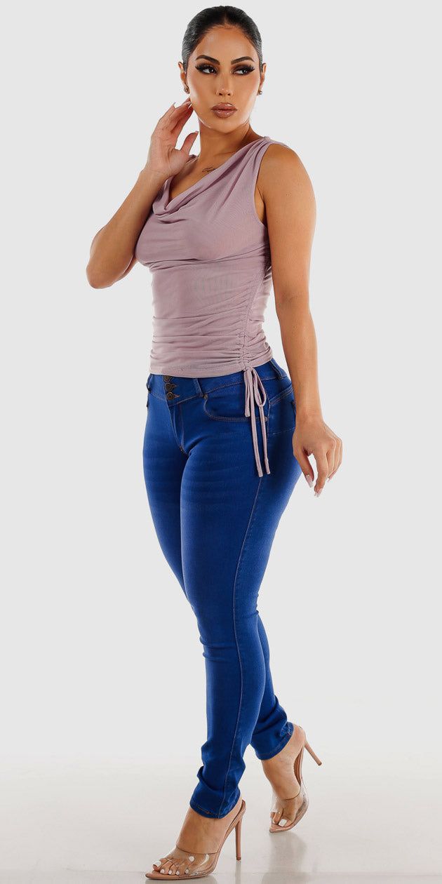 Mid RIse Butt Lifting Blue Skinny Jeans with Sleeveless Cowl Neck Lilac Top sold by Moda