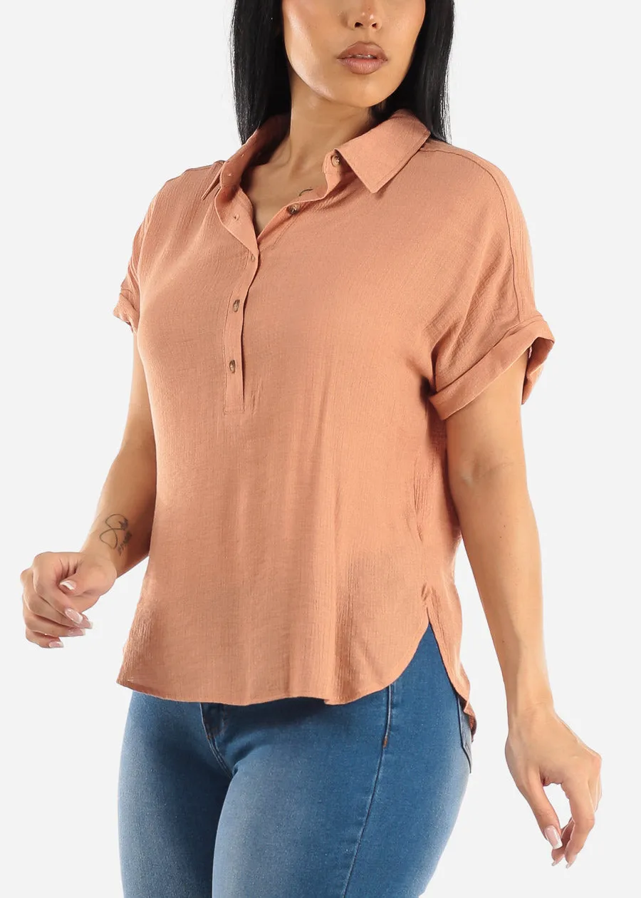 Cap Sleeve Light Orange Blouse w Front Half Placket sold by Moda