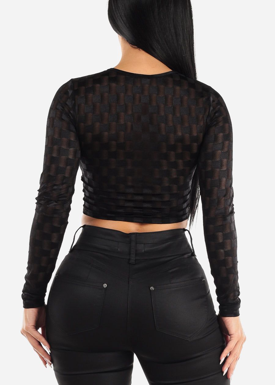 Black Long Sleeve Checkered Mesh Crop Top sold by Moda product image thumbnail 4