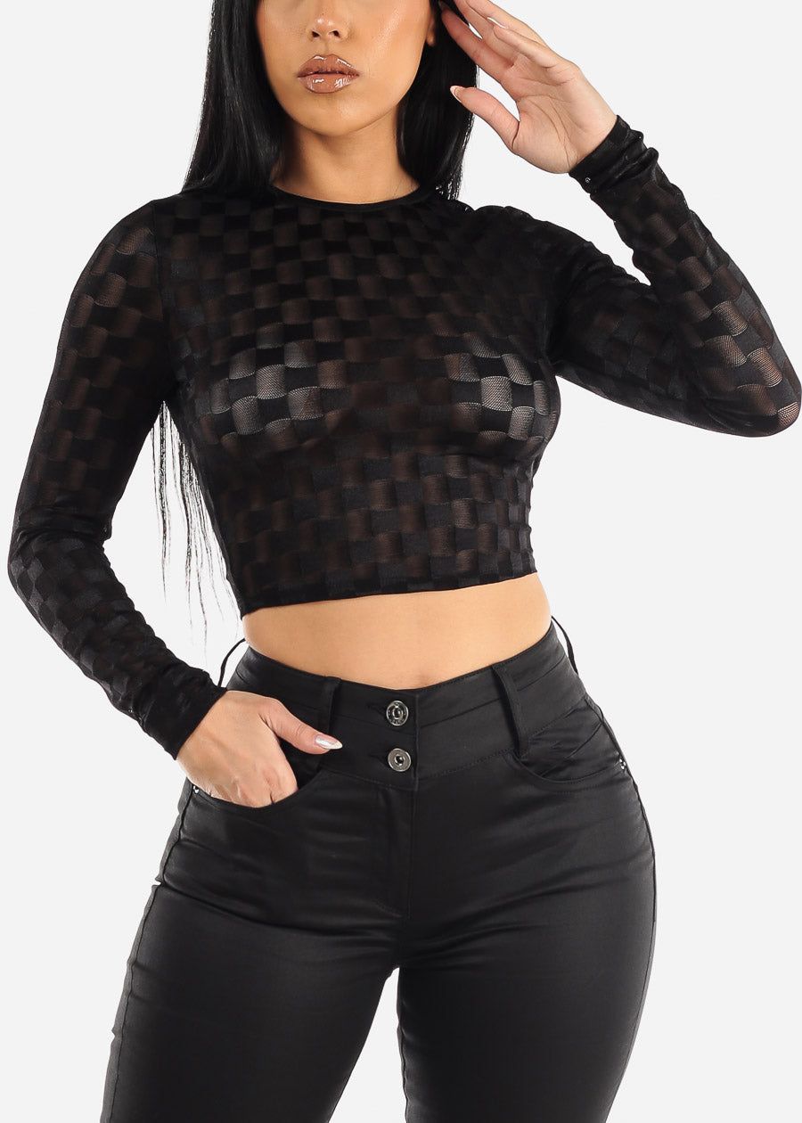 Black Long Sleeve Checkered Mesh Crop Top sold by Moda