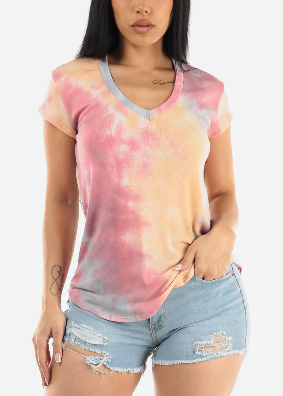 Short Sleeve Vneck Tie Dye Hacci Top sold by Moda