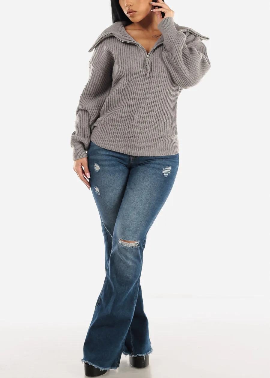 High Waist Dark Wash Distressed Flared Jeans w Raw Hem sold by Moda product image thumbnail 2