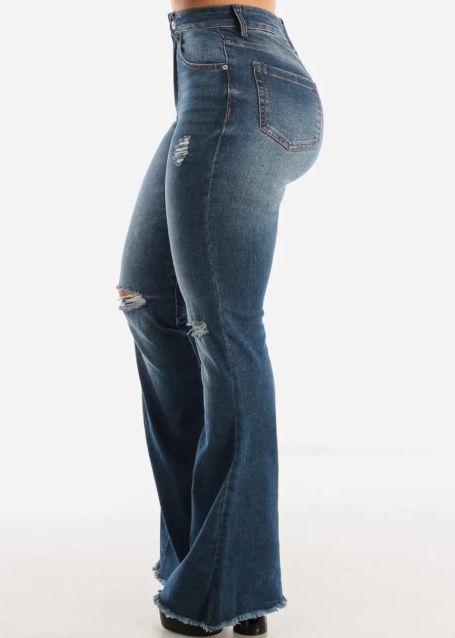 High Waist Dark Wash Distressed Flared Jeans w Raw Hem sold by Moda product image thumbnail 3