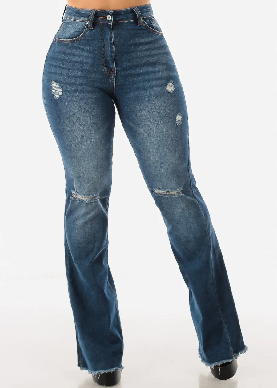 High Waist Dark Wash Distressed Flared Jeans w Raw Hem sold by Moda