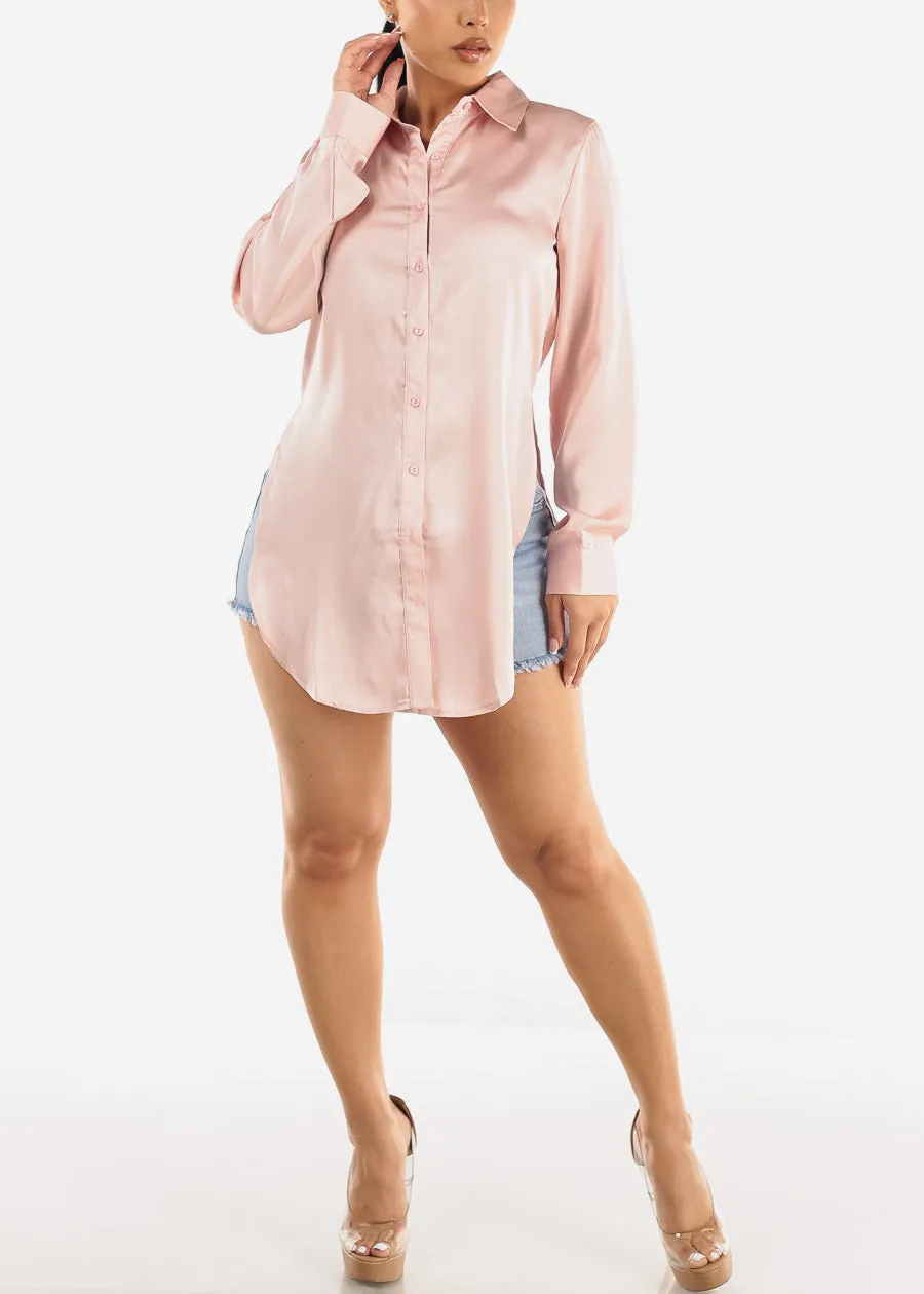 Long Sleeve Satin Button Down Tunic Blouse Blush sold by Moda product image thumbnail 5