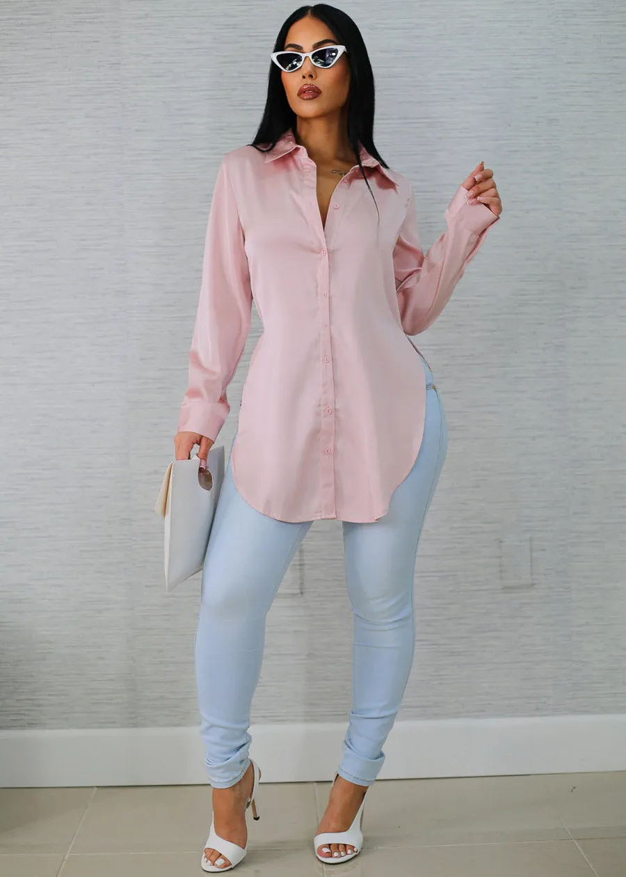 Long Sleeve Satin Button Down Tunic Blouse Blush sold by Moda product image thumbnail 2