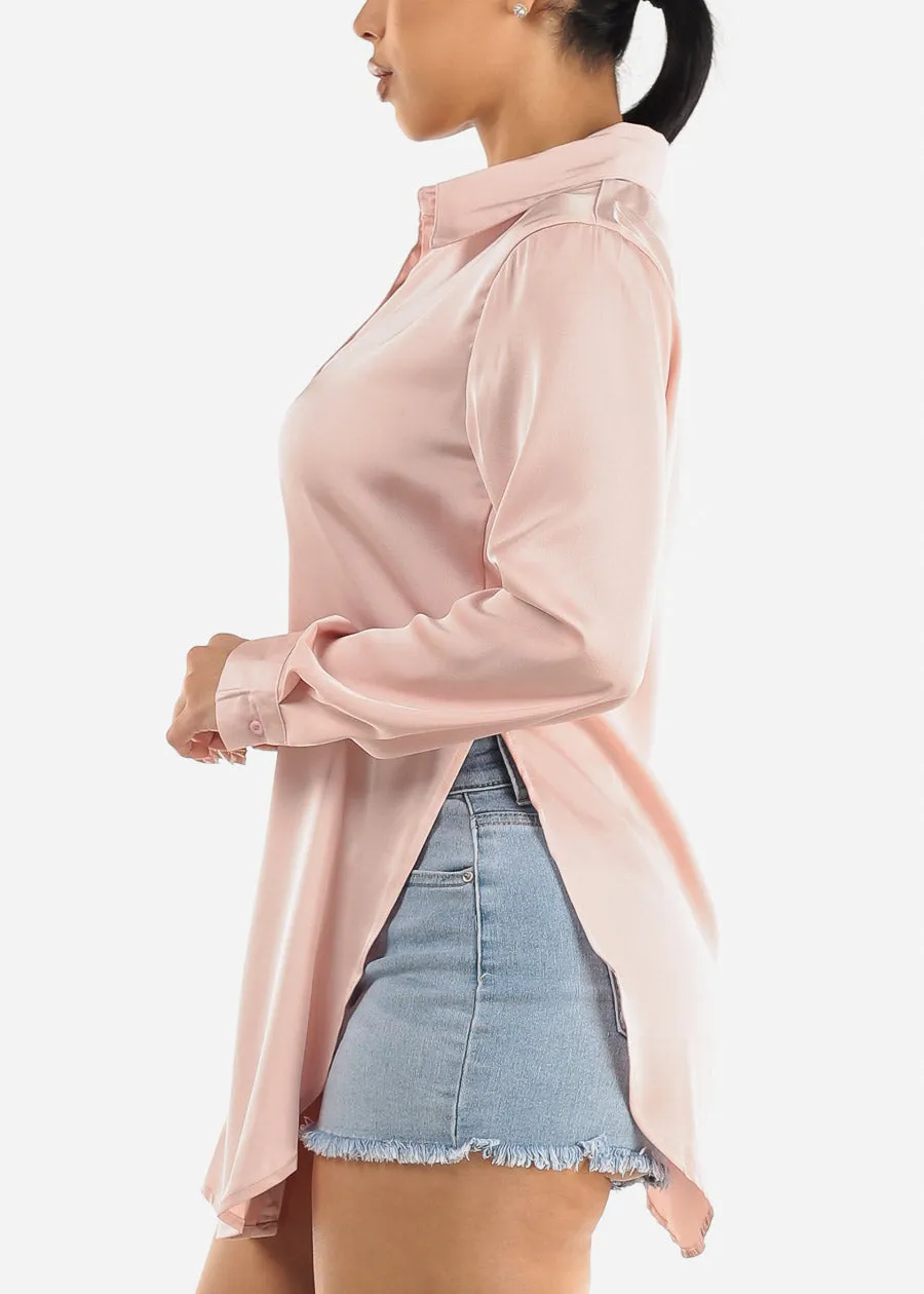Long Sleeve Satin Button Down Tunic Blouse Blush sold by Moda product image thumbnail 3