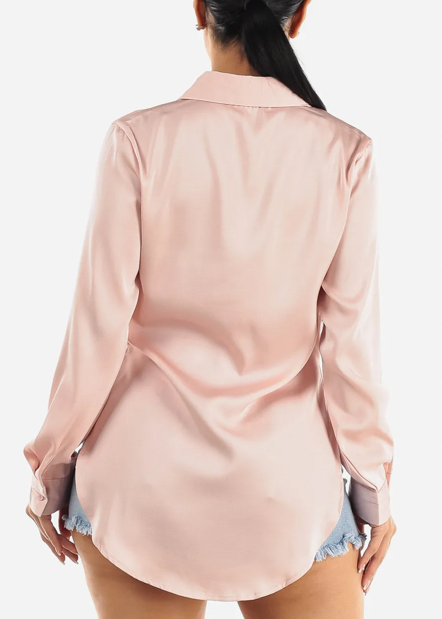 Long Sleeve Satin Button Down Tunic Blouse Blush sold by Moda product image thumbnail 4