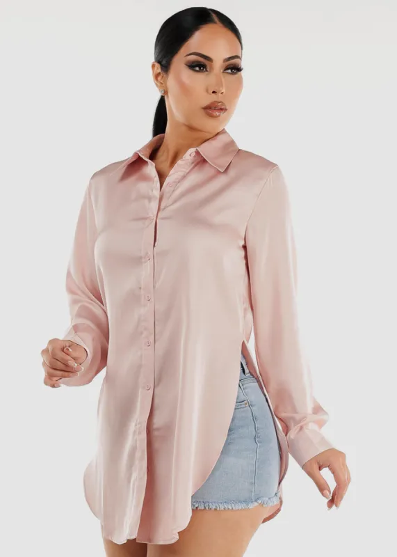 Long Sleeve Satin Button Down Tunic Blouse Blush sold by Moda