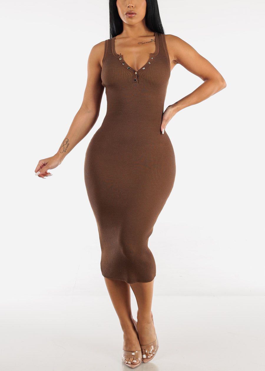 Sleeveless Ribbed Bodycon Midi Dress Brown sold by Moda