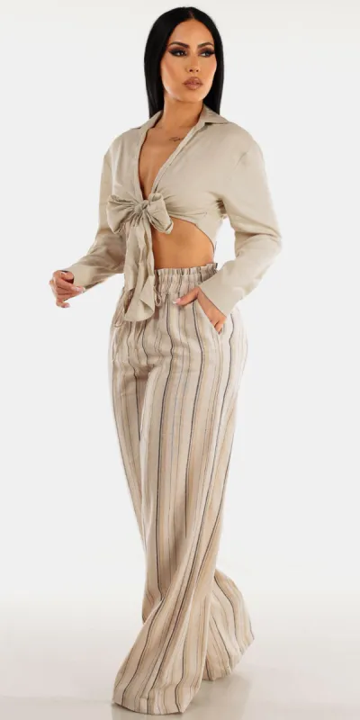 Beige Linen Stripe Pants Set sold by Moda