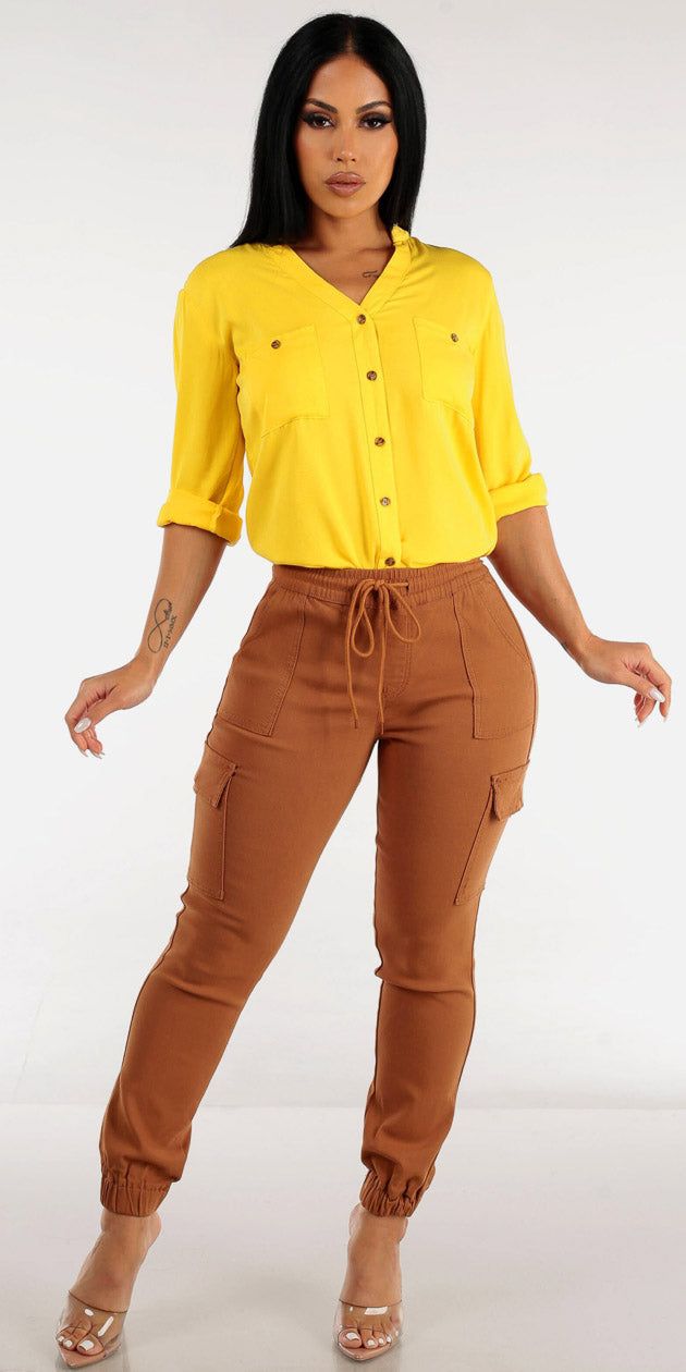 Brown Drawstring Waist Cargo Joggers with Yellow Button Up Vneck Shirt sold by Moda