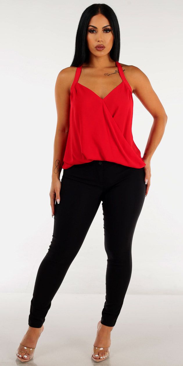 Mid Rise Black Dressy Skinny Pants with Red Sleeveless Wrap Front Blouse sold by Moda product image thumbnail 2