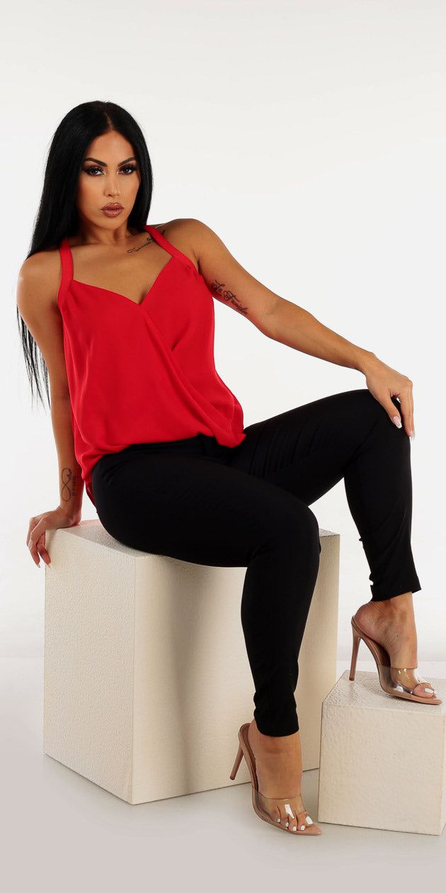 Mid Rise Black Dressy Skinny Pants with Red Sleeveless Wrap Front Blouse sold by Moda