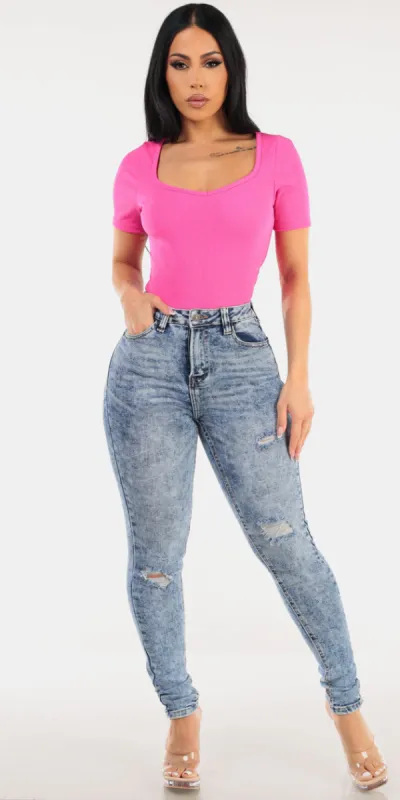 Pink Acid Wash Denim Look made by Moda