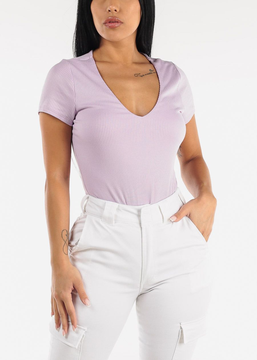 Short Sleeve Vneck Ribbed Bodysuit Light Purple sold by Moda