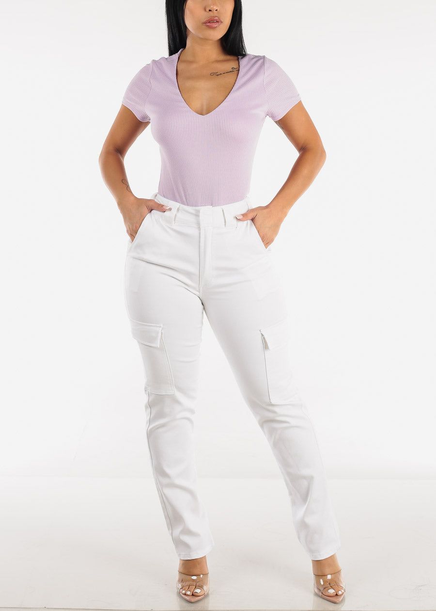 Short Sleeve Vneck Ribbed Bodysuit Light Purple sold by Moda product image thumbnail 5