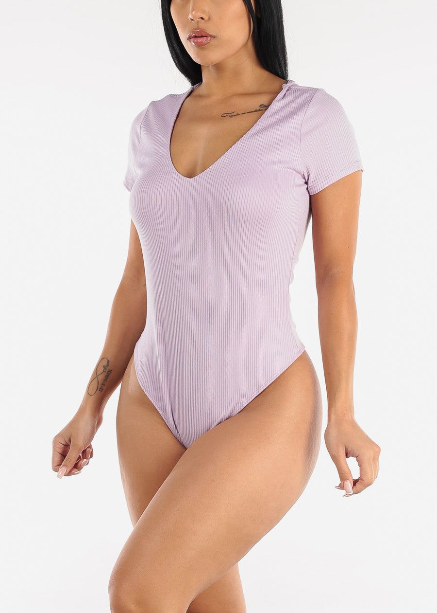 Short Sleeve Vneck Ribbed Bodysuit Light Purple sold by Moda product image thumbnail 2