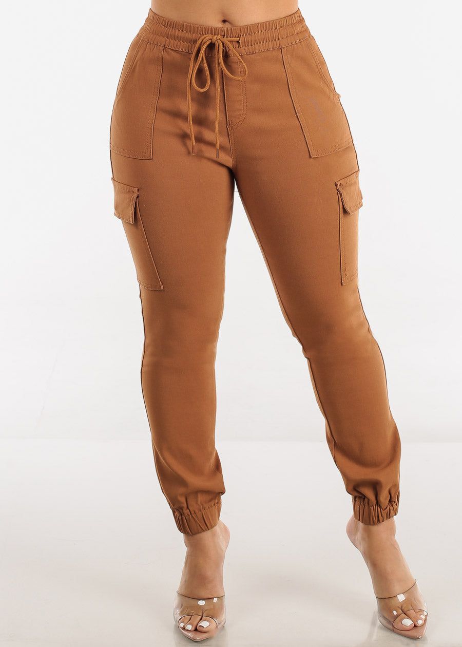 High Waist Drawstring Hyper Stretch Cargo Joggers Brown sold by Moda