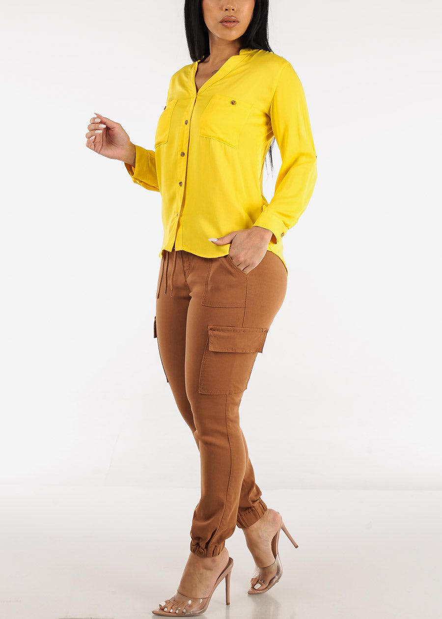 High Waist Drawstring Hyper Stretch Cargo Joggers Brown sold by Moda product image thumbnail 2