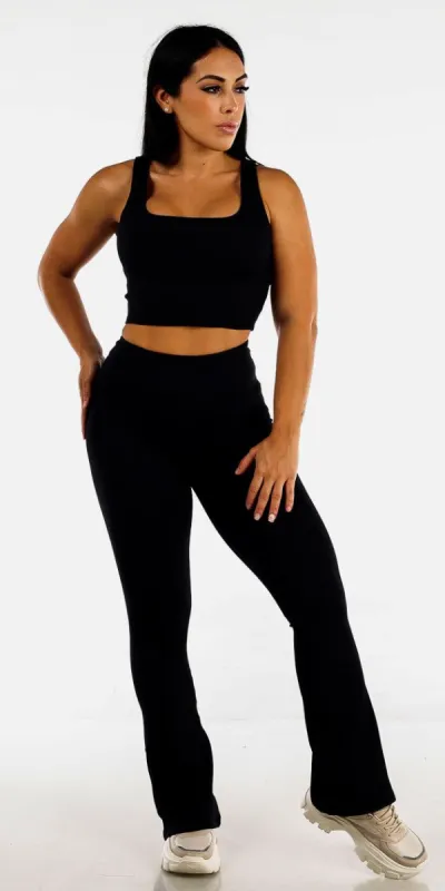 Black Flared Active Leggings with Ribbed Cropped Active Tank Top sold by Moda