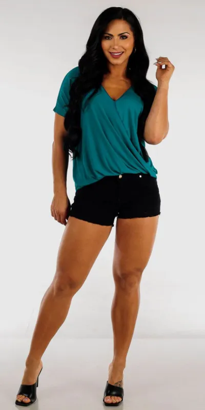 Black Butt Lifting Denim Shorts with Short Sleeve Surplice Teal Tunic Top sold by Moda