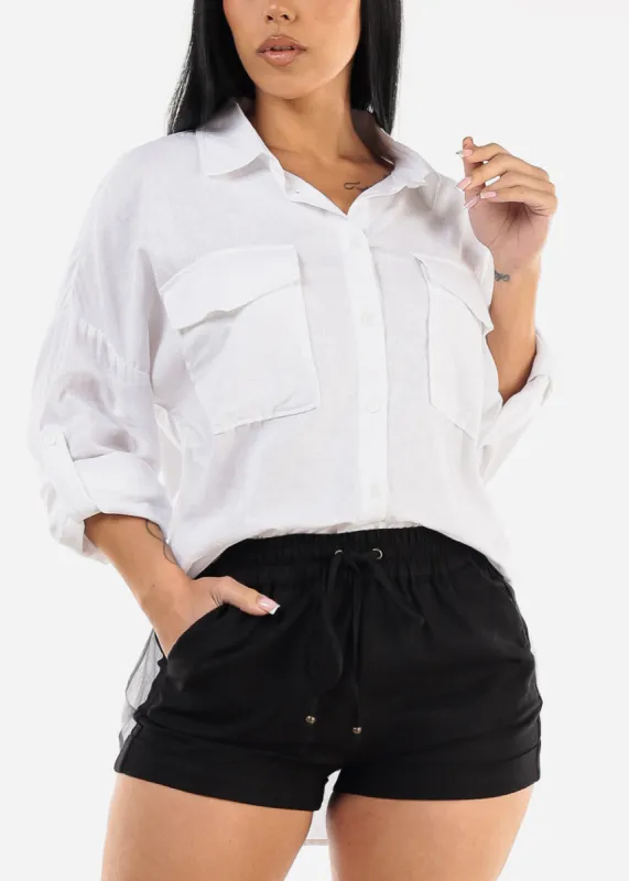 White Linen Oversized Button Down Shirt sold by Moda