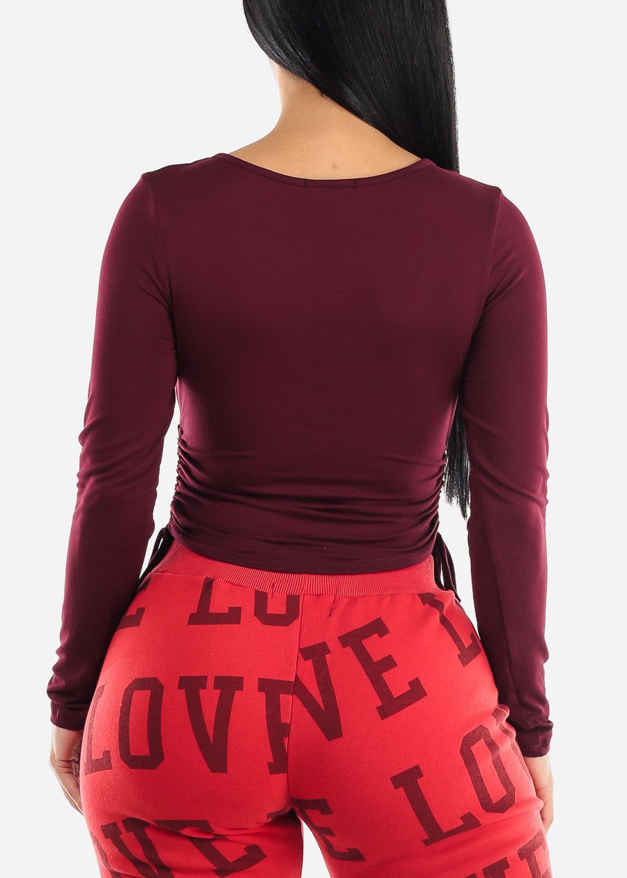 Long Sleeve Surplice Crop Top Burgundy w Ruched Sides sold by Moda product image thumbnail 4