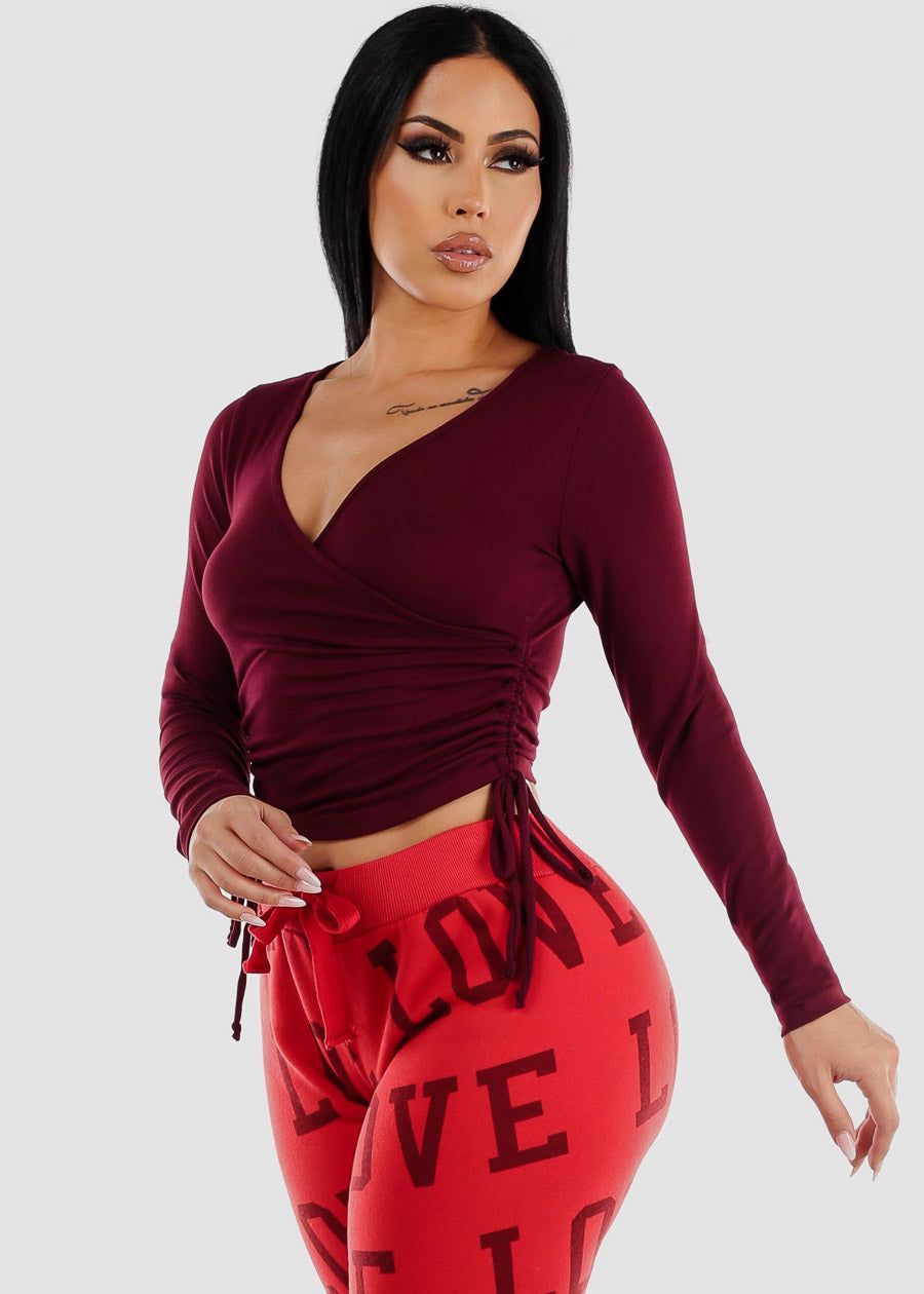 Long Sleeve Surplice Crop Top Burgundy w Ruched Sides sold by Moda