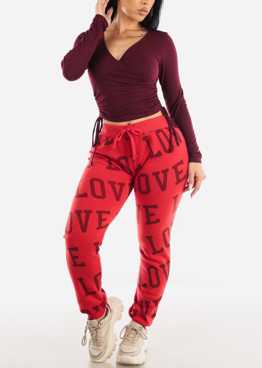 Long Sleeve Surplice Crop Top Burgundy w Ruched Sides sold by Moda product image thumbnail 2