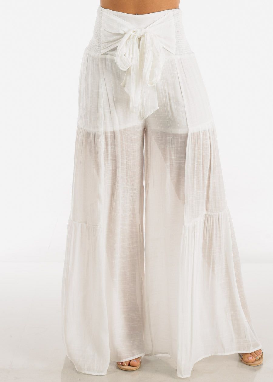 White High Rise Waist Tie Wide Leg Flare Pants sold by Moda