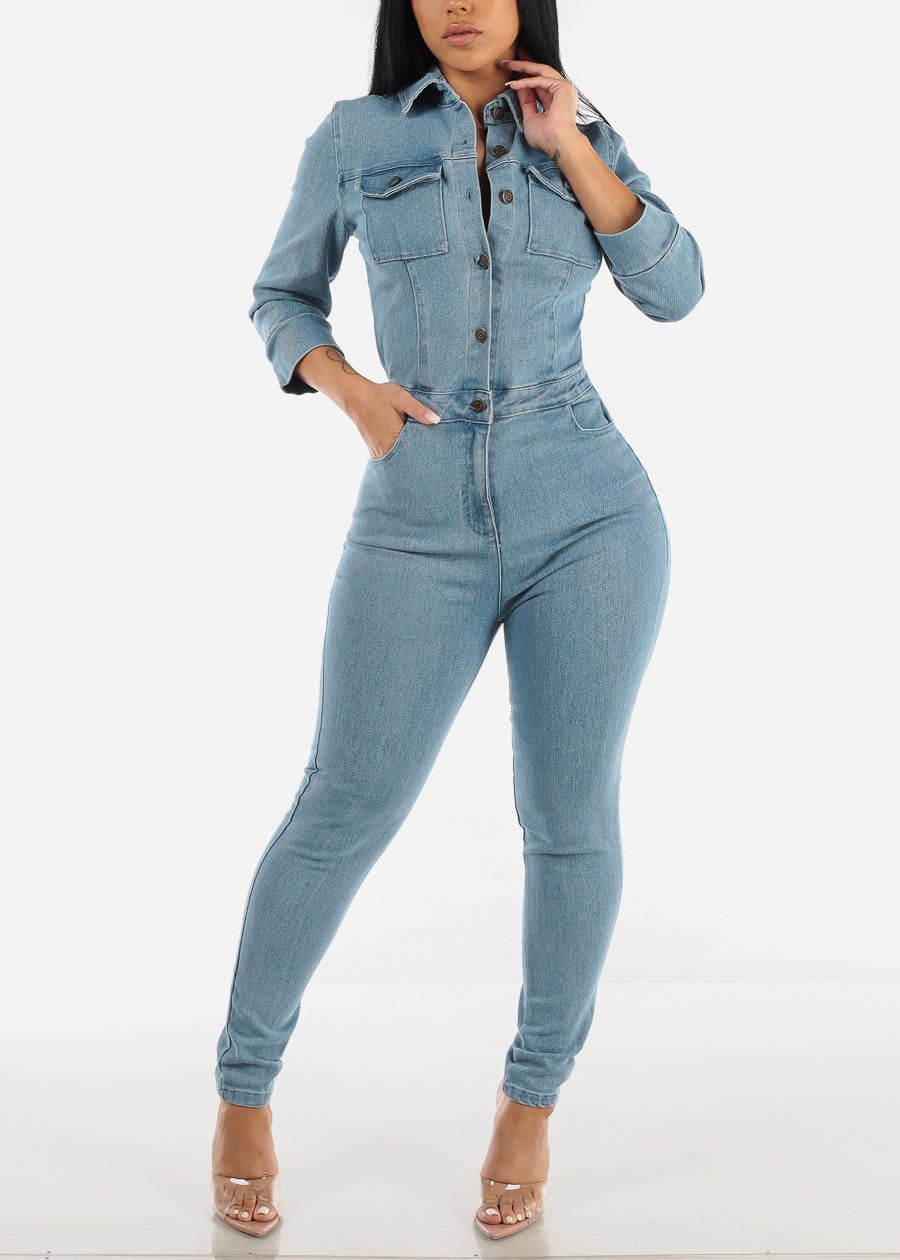 Quarter Sleeve Collared Denim Jumpsuit Light Blue sold by Moda