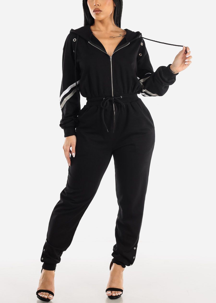 Black Zip Up Long Sleeve Hooded Jogger Jumpsuit sold by Moda