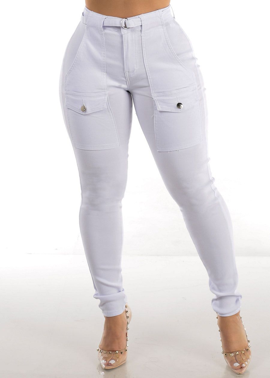 White Hyper Stretch Cargo Skinny Pants with Belt sold by Moda