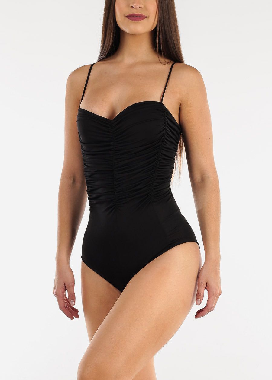 Ruched Spaghetti Strap Black Bodysuit sold by Moda