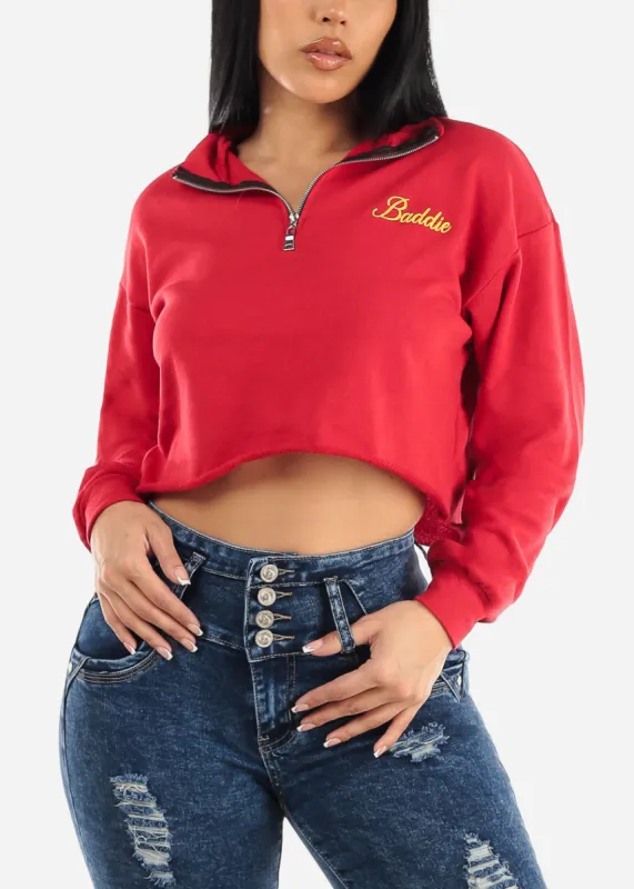 Long Sleeve Cropped Sweatshirt Red "Baddie" sold by Moda