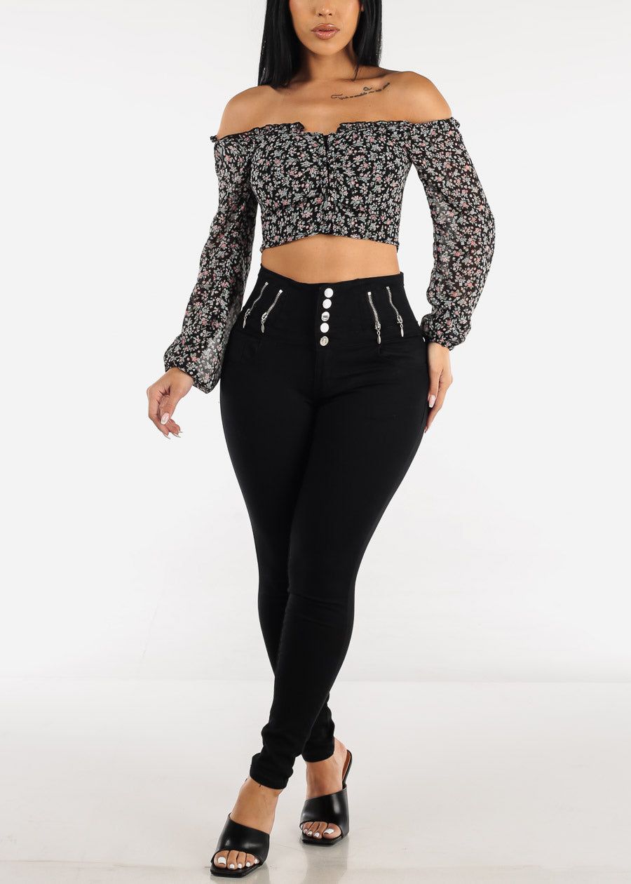 Off Shoulder Long Sleeve Floral Cropped Blouse sold by Moda product image thumbnail 2