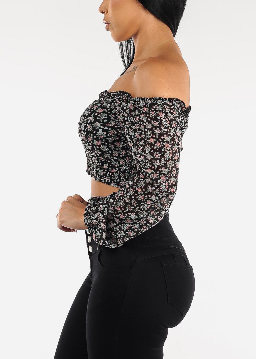 Off Shoulder Long Sleeve Floral Cropped Blouse sold by Moda product image thumbnail 3