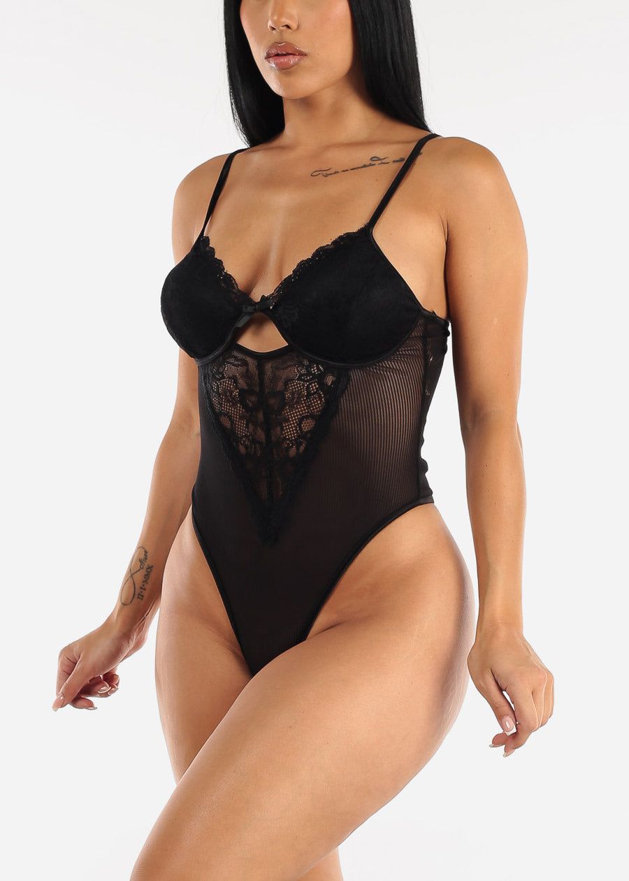 Black Sleeveless Stripe Mesh & Lace Thong Bodysuit sold by Moda