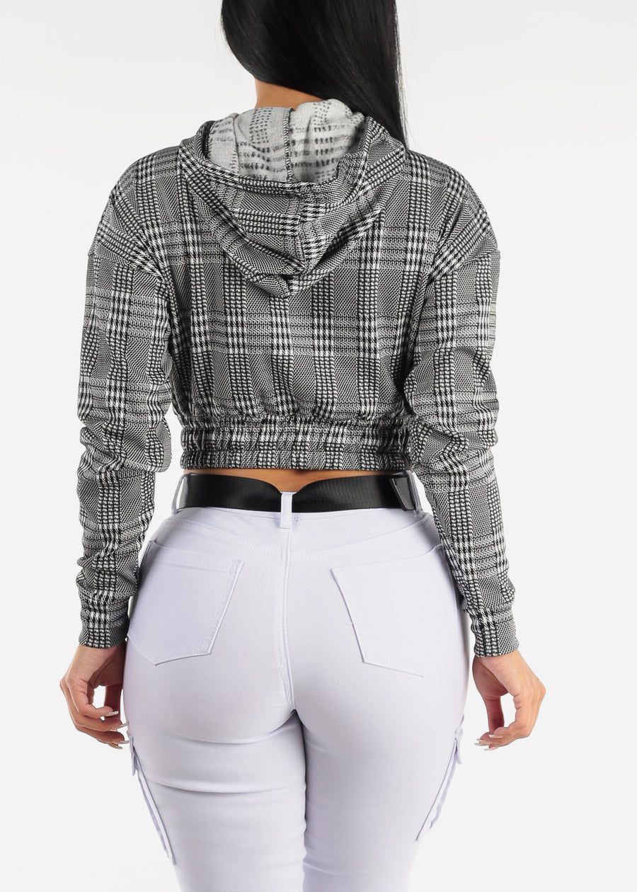 Long Sleeve Plaid Pullover Cropped Hoodie B&W sold by Moda product image thumbnail 6